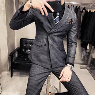 三件套新郎结婚礼服韩版 商务正装 男士 双排扣西服套装 外套 英伦西装