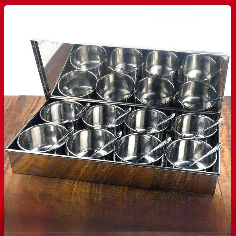 不锈钢圆形调味盒商用厨房调味罐组合套装家用配料杯带盖盐罐