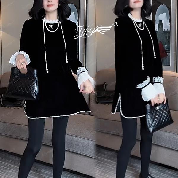 法式蕾丝木耳边大码丝绒连衣裙女秋冬2024年新款拼接款开叉中长裙