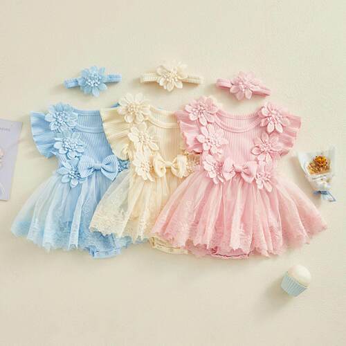 Summer Baby Girl 2pcs Lace Rompers Outfits Mesh Lace Ruffle