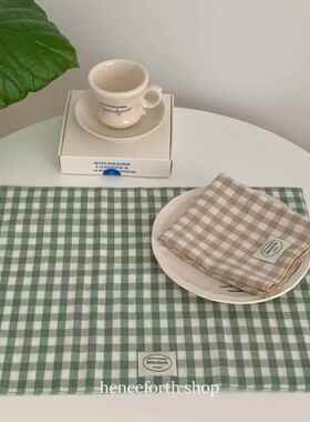 henceforth自制米绿格纹双层餐巾方巾餐垫隔热垫韩式ins装饰盖布