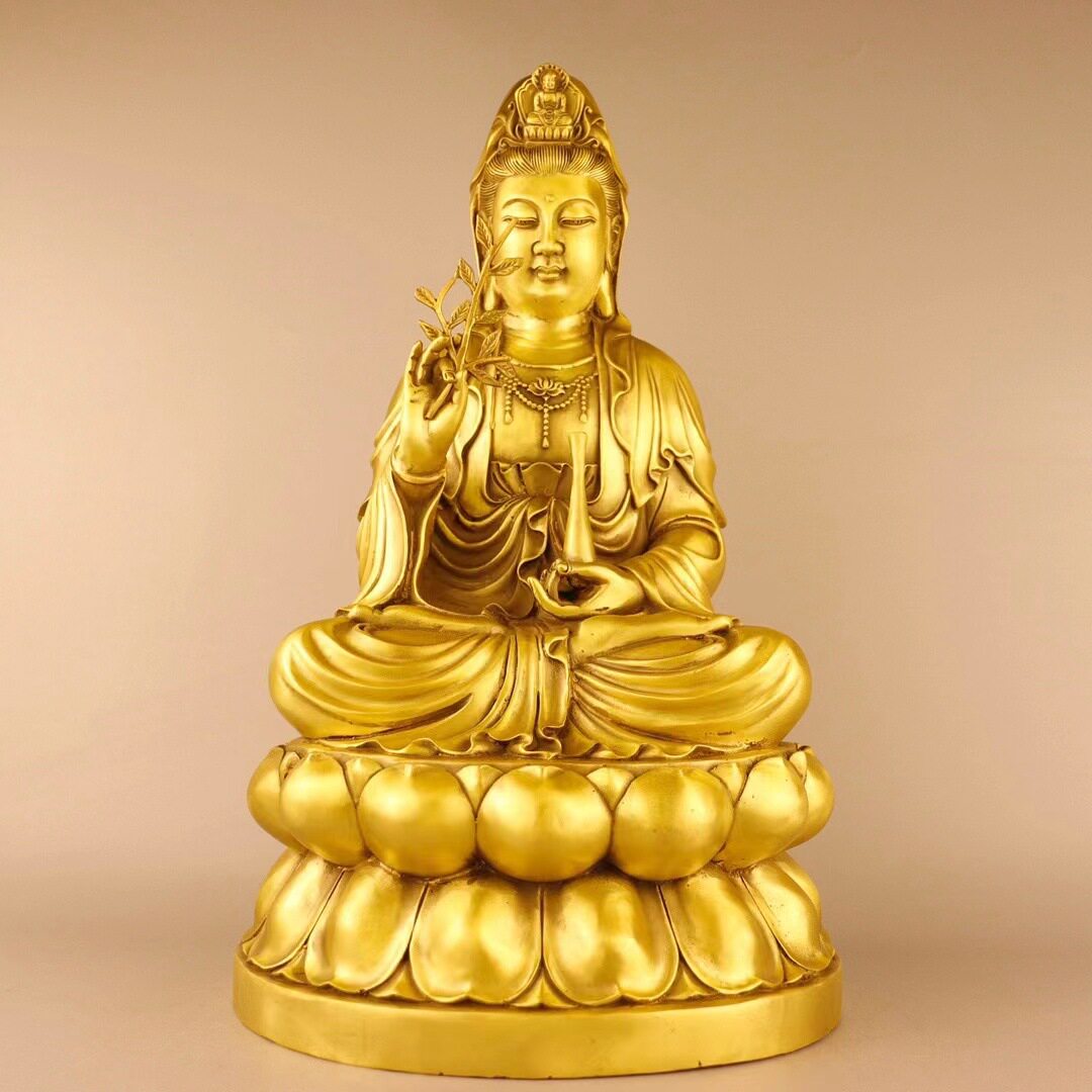 黄铜观音菩萨佛像摆件南海坐莲花观世音娘娘家用佛堂供养柳枝观音