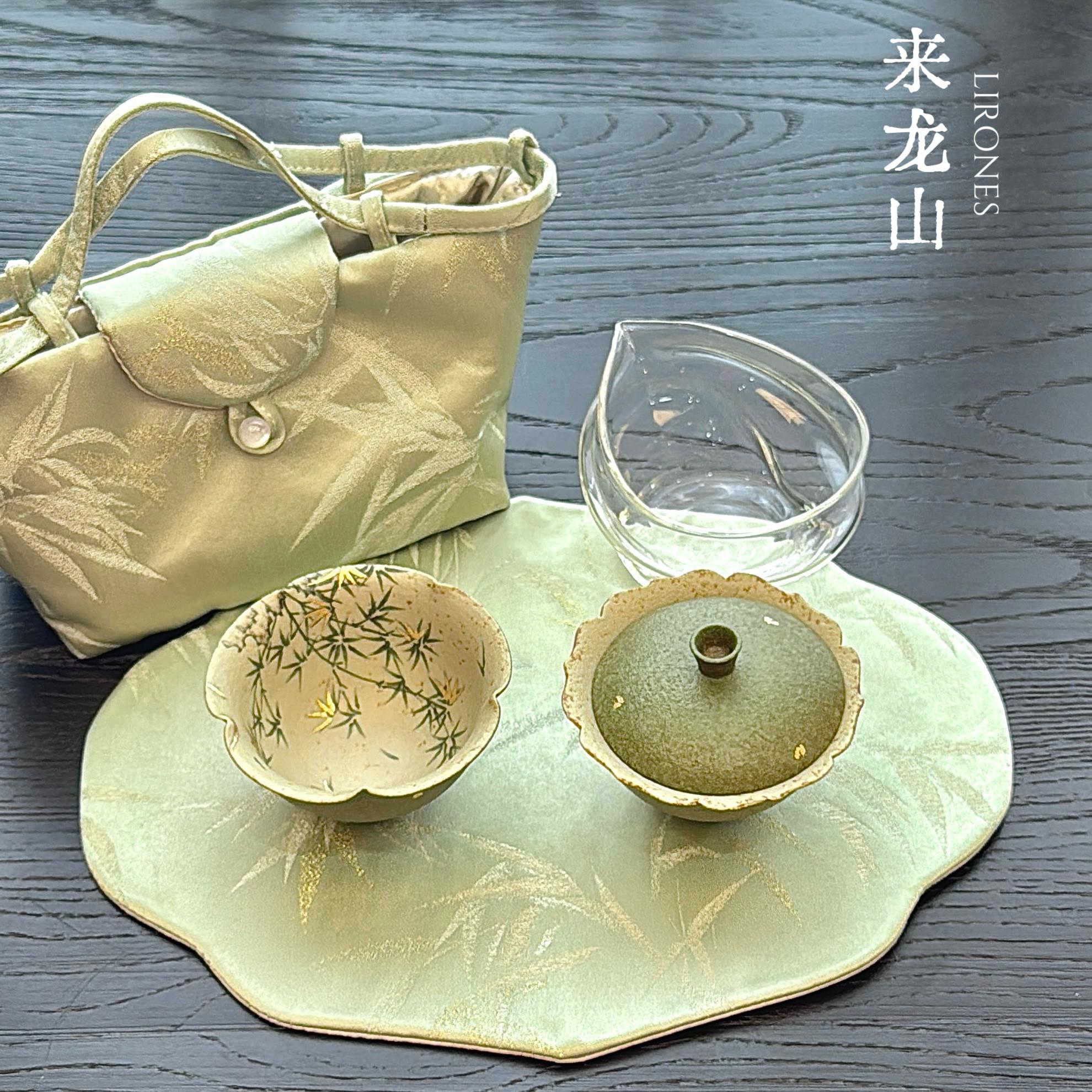 来龙山·橘绿洒金盖碗茶具套装旅行便携式手绘青竹中秋送礼茶具