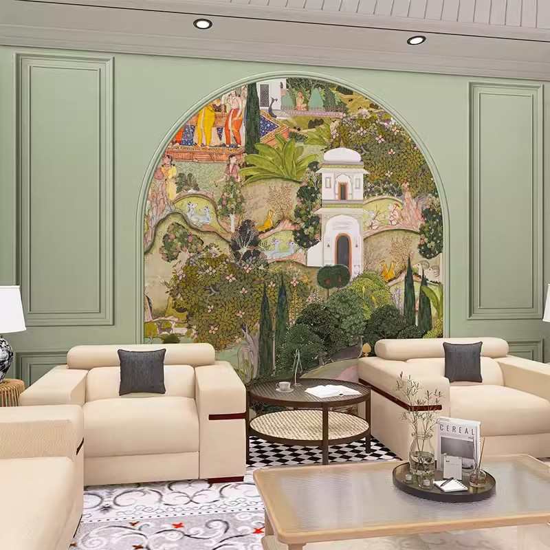 法式斋浦尔花园壁纸南洋风客厅玄关卧室床头壁布3d拱形石膏线墙纸