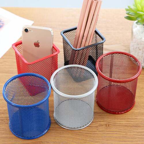 Colorful Metal Wire Pen Holder, Round/Square Mesh Pen Organi