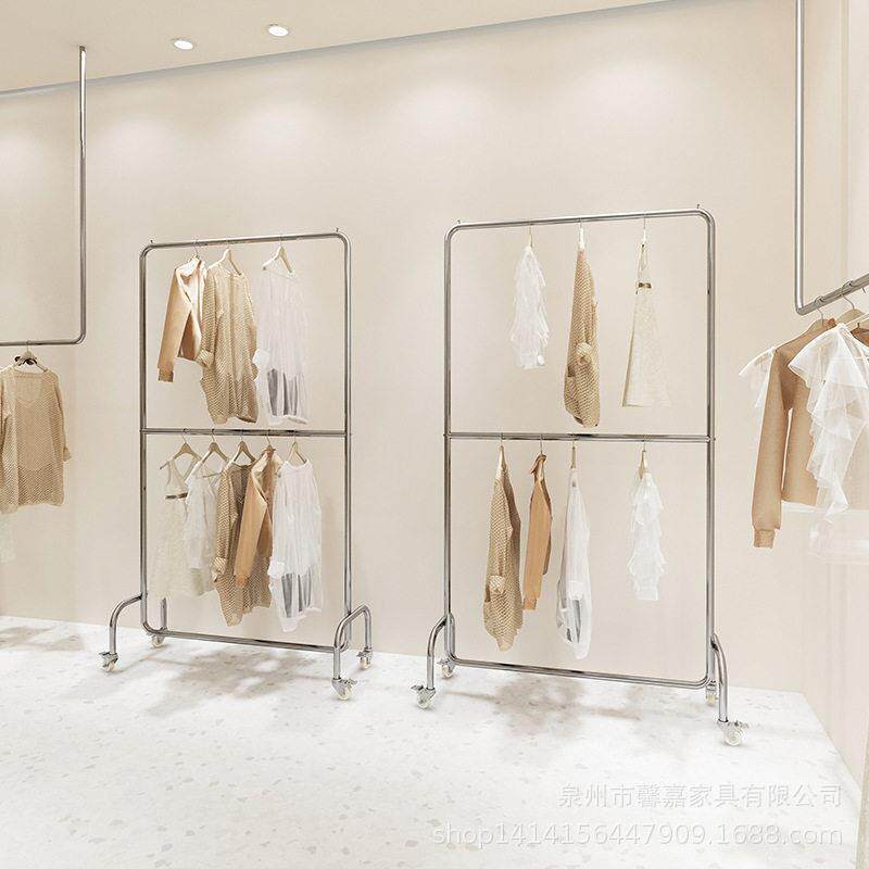 衣服架子女装店落地衣架可调节展示架不锈钢双层移动陈列架挂衣架