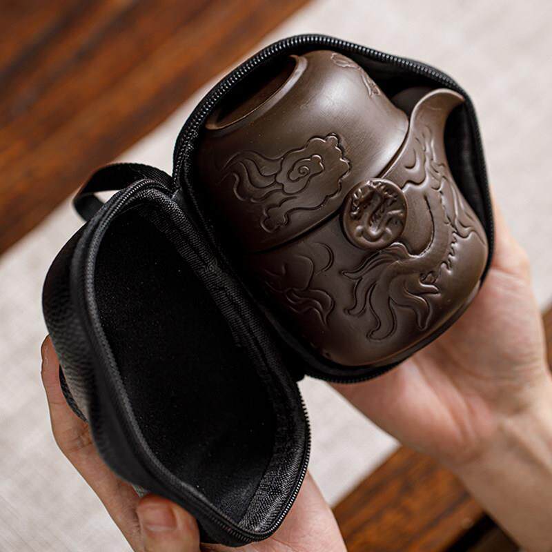 浮雕腾龙紫砂旅行茶具一壶三杯套装户外露营泡茶可携式车载快客杯