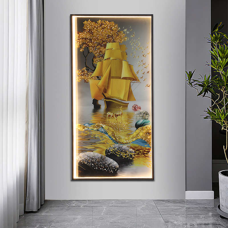 时尚竖版壁画灯方形客厅卧室餐厅带灯壁画背景墙装饰led晶瓷壁灯图片