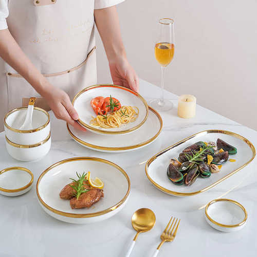 碗碟套装家用碗盘高级感轻奢网红北欧金边陶瓷碗盘子乔迁新居餐具