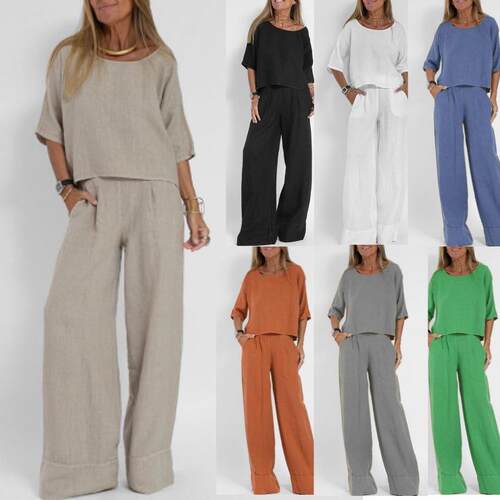Women's short sleeved cotton and linen pants set