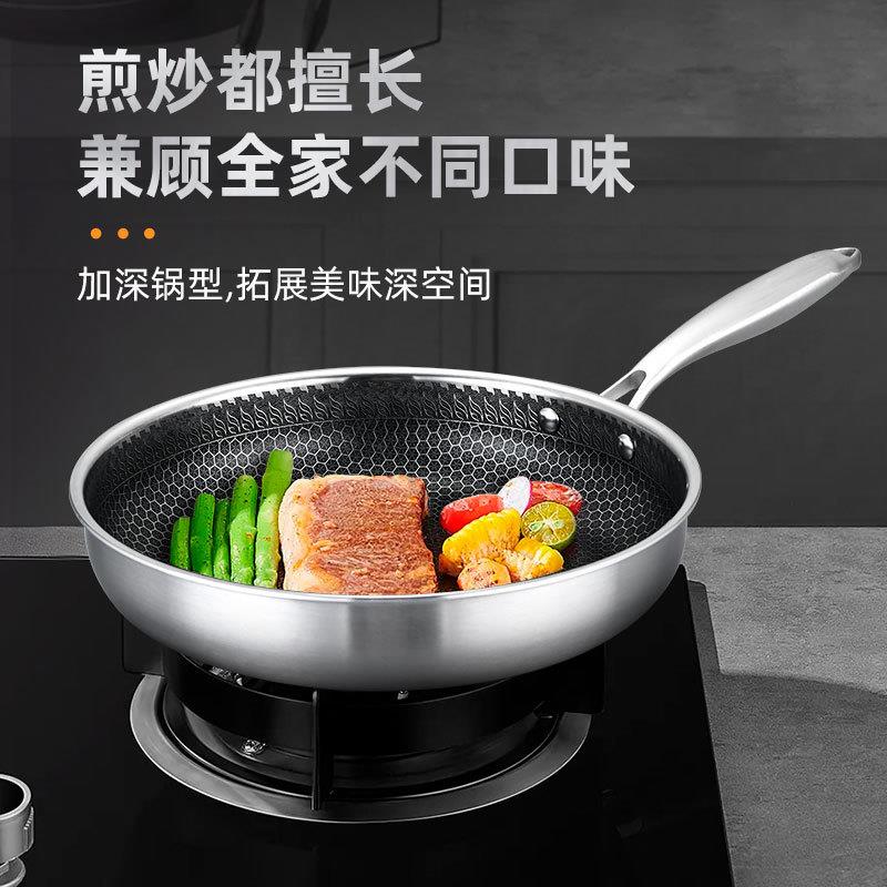跨境煎鸡蛋牛排不沾蜂窝加厚三层钢平底锅304不锈钢锅煎锅不粘锅