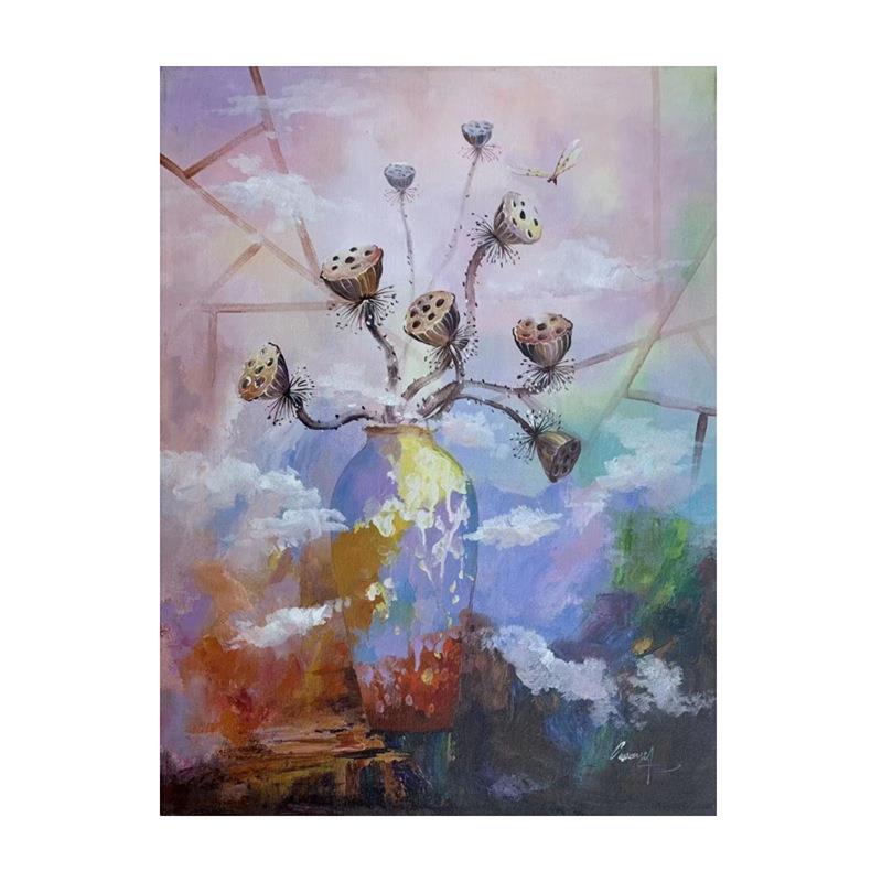 纯手绘莲藕油画莲花卉玄关走廊客厅装饰画睡莲印象挂画肌理画新品