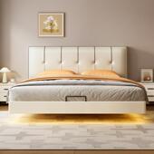 奶油风悬浮床小户型简约软包床薄床头主卧床全实木床加厚榫卯婚床