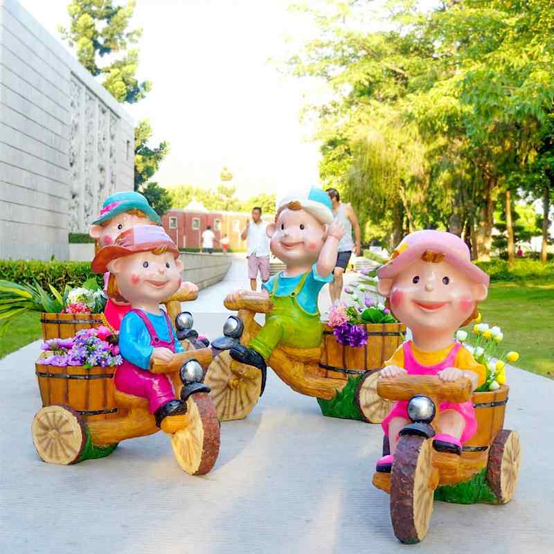 卡通骑车小缸孩花盆园林花别墅璃花玻园钢摆件幼儿EXC园庭院景观