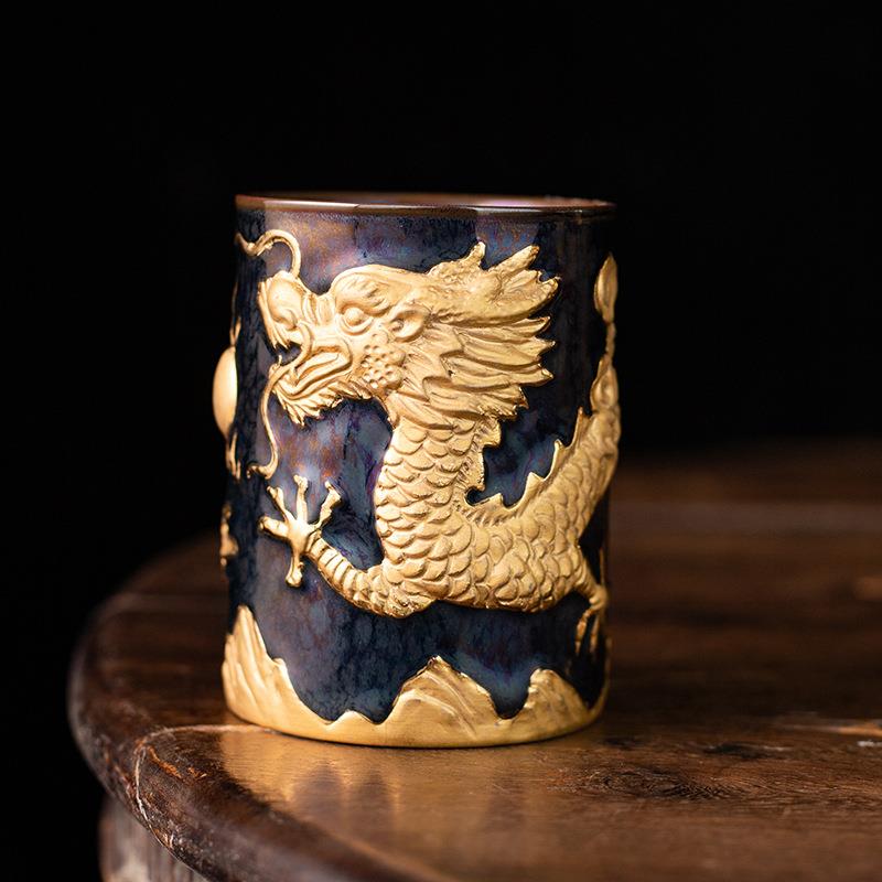 陈为椿浮雕24K金生肖龙年主人杯茶盏陶瓷送礼家用天目釉鎏金杯子