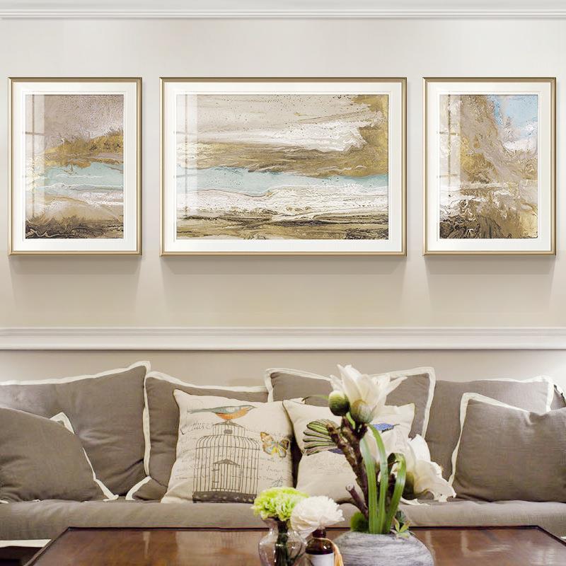 现代简约美式背景沙发客厅画三联画简美轻奢抽象海洋风景装饰画