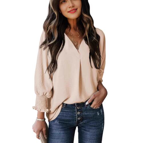 Women's waist cinched top collar seven quarter sleeved
