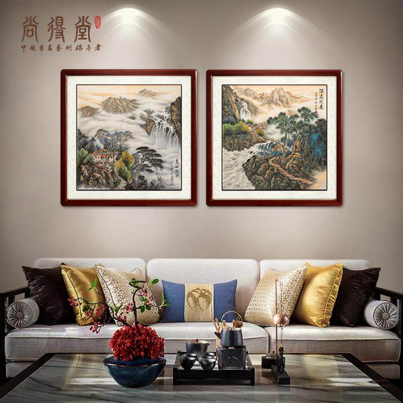 尚得堂新中式山水两联画客厅装饰画餐厅挂画水墨手绘国画玄关壁画