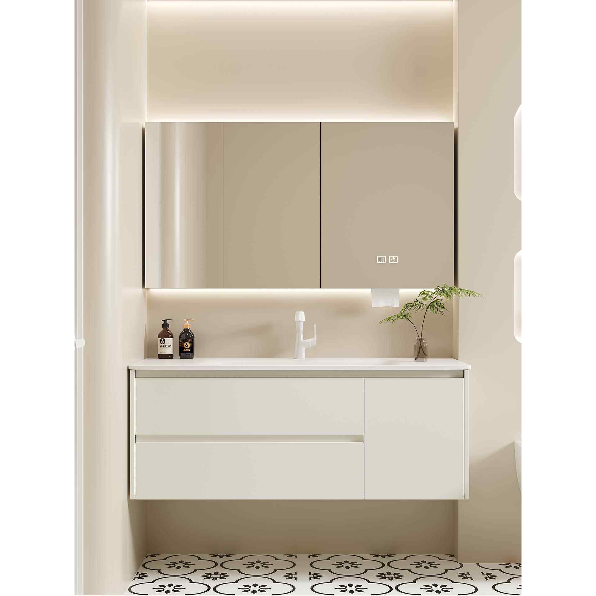 橡木实木浴室柜组合奶油风岩板热弯卫生间陶瓷一体洗脸盆洗漱台