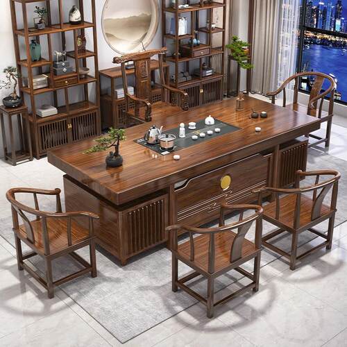 实木大板茶桌椅组合一桌五椅办公室客厅家用茶几泡茶台烧水壶一体