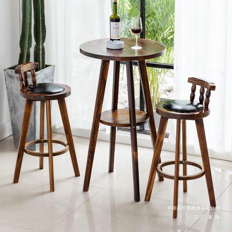 实木复古吧台椅新中式旋转家用咖啡厅酒吧高脚凳欧式岛台做旧吧凳