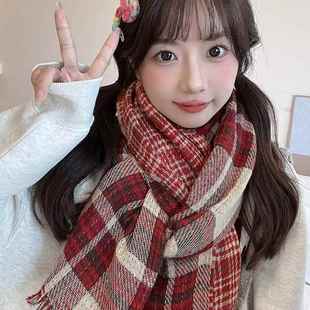 女士格子围巾女学生韩版 披肩两用可爱少女保暖围脖潮 百搭秋冬季