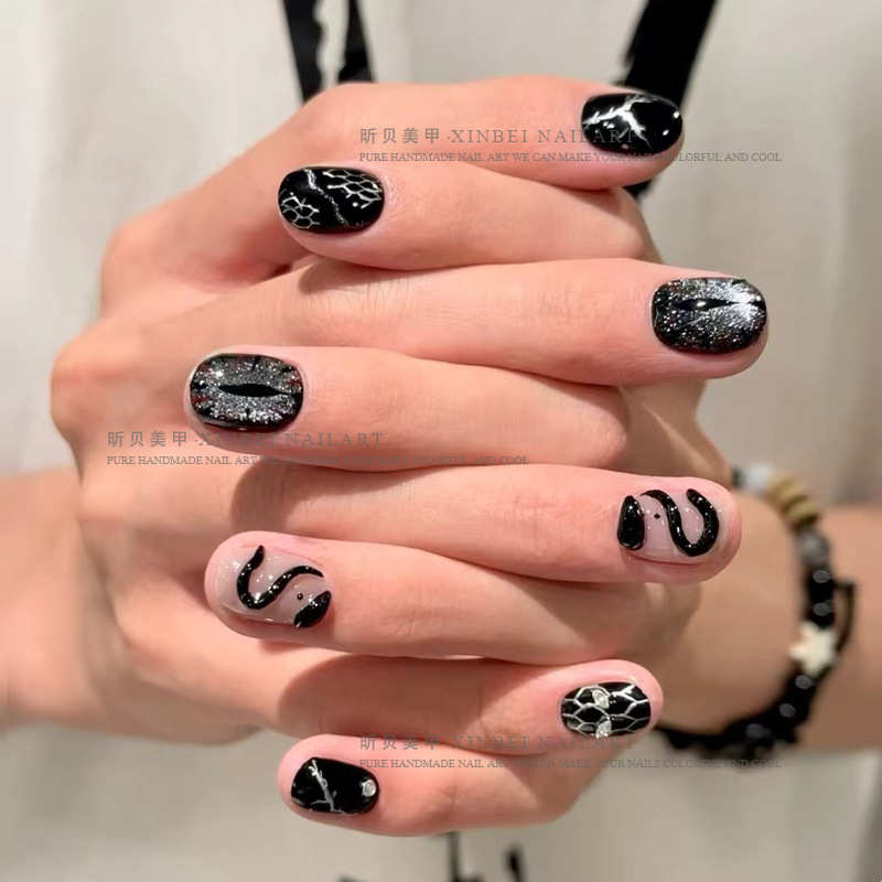 甜酷辣妹暗黑风小蛇美甲恶魔之眼猫眼纯手工穿戴甲潮流