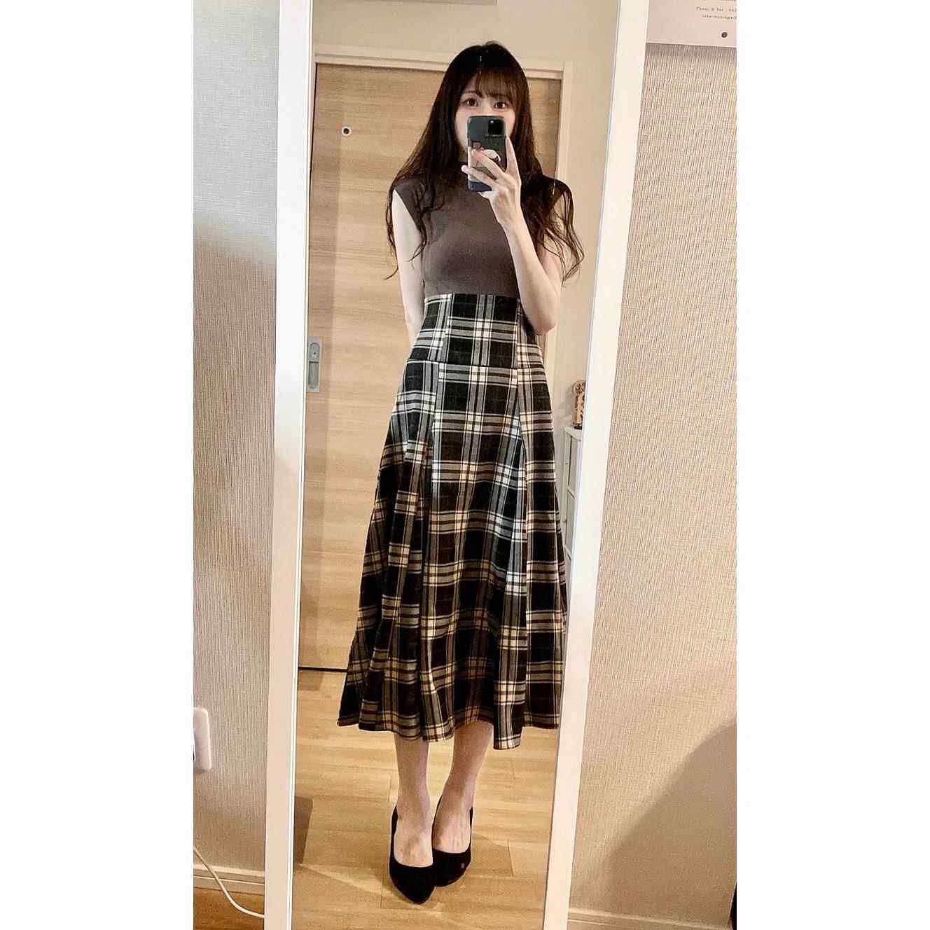 GRL春季新款2025女日系甜美格纹后系带假两件高腰显瘦连衣裙