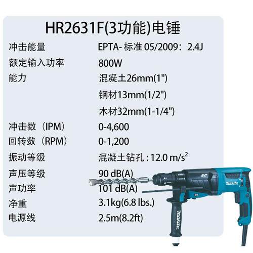牧田HR2631F(3功能)电锤多功能家用冲击钻电钻电镐