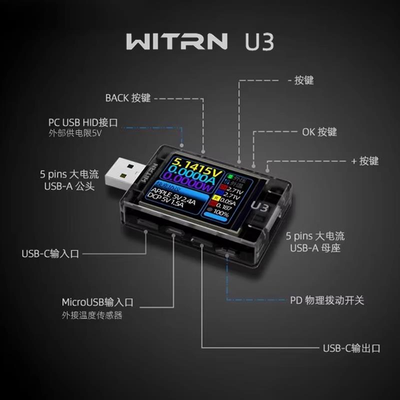 WITRN维简U3L电压电流表USB测试仪PD3.1诱骗器PPS快充UFCS老化EPR