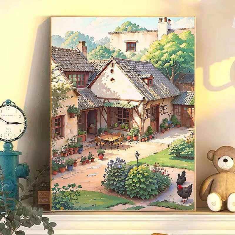 diy数字油画工厂手工填色乡村复古庭院油彩画摆摊