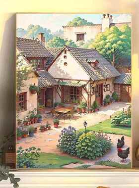 diy数字油画工厂手工填色乡村复古庭院油彩画摆摊