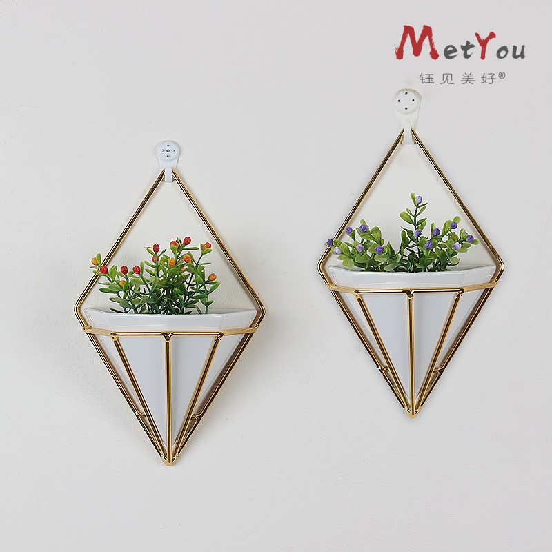 白色壁挂花盆装饰几何客厅现货卧室铁架面盆栽电镀内墙陶瓷多边形