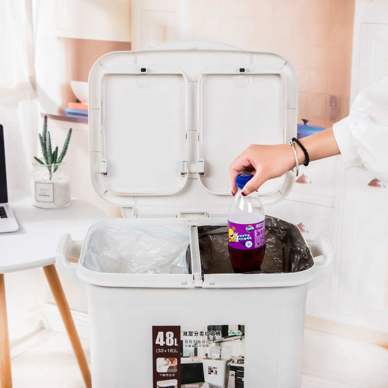 48L加大双层带滑轮分类垃圾桶带盖干湿分离厨余桶日式家用垃圾桶