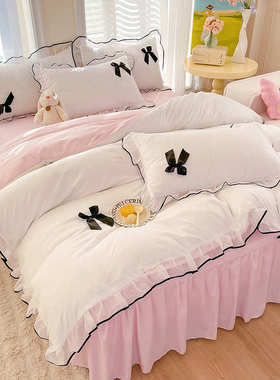 韩纯色四四件套公主红风款版少女泡泡纱ius心件套床上用品花边网