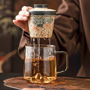 青花火石红玻璃茶杯茶水分离杯描金绣球花云归办公杯复古高档杯子