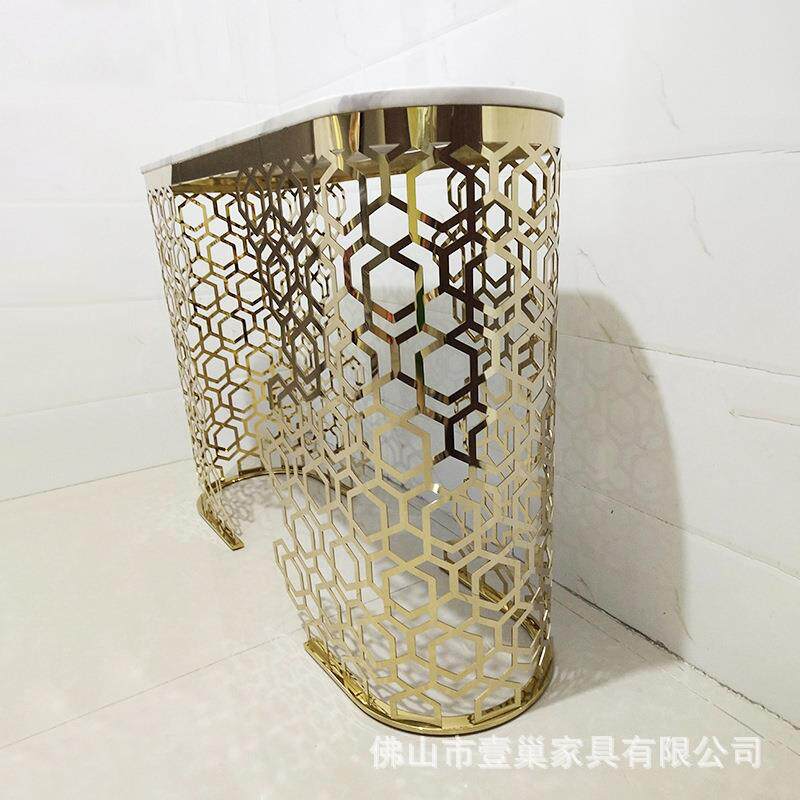 轻奢玄关桌不锈钢镂空玄关柜半圆桌子靠墙窄边桌大理石玄关台