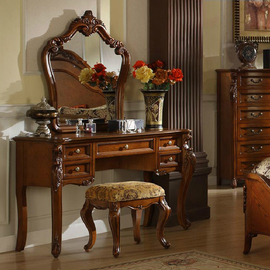 美式实木梳妆台复古化妆桌卧室，书桌收纳柜一体欧式小户型雕花家具