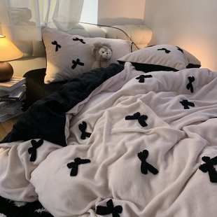 加厚牛奶绒四件套珊瑚绒被套床单刺绣黑色蝴蝶结三件套 少女心冬季
