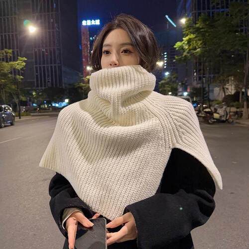 斗篷披肩外套女秋冬加绒加厚披肩女秋冬季外搭保暖套头围脖高领针