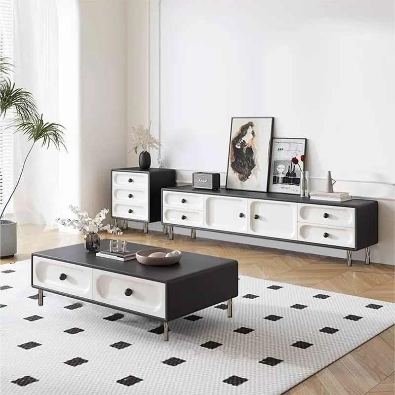 网红轻奢落地柜客厅家用现代简约电视柜中古风黑白电视柜茶几组合