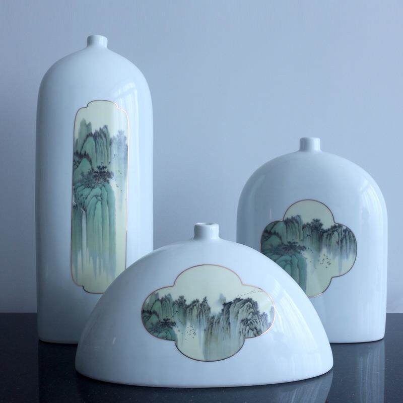 陶瓷器花新中式家居饰品仿真干花客厅玄关插花装饰品摆件