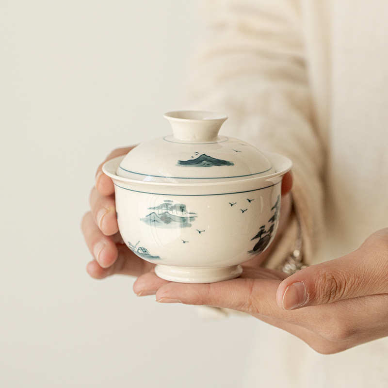 手绘草木灰盖碗釉下彩山水单个泡茶器家用高档功夫茶具陶瓷茶碗