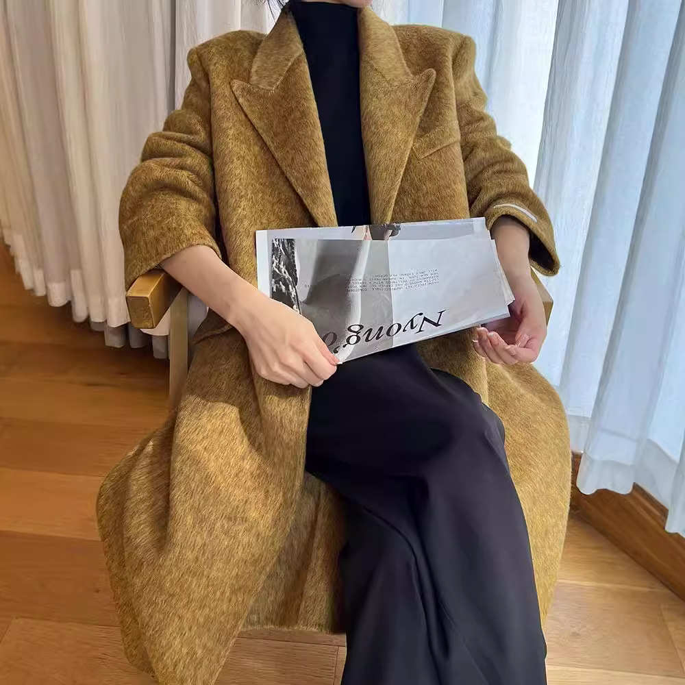 高级感羊毛双面呢正肩大衣女长款西装领垫肩加厚长毛羊绒外套双面