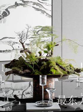 新中式永生苔藓干支彷古铜色盆花艺样板间样品屋展示中心饭厅餐桌