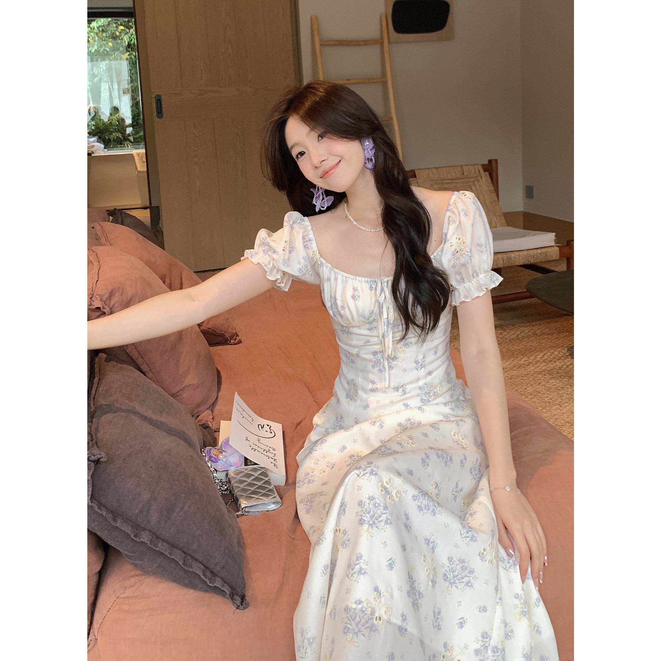 Even一雯【紫鸢花落】韩系温柔优雅洋装女夏季小众设计短袖长洋装