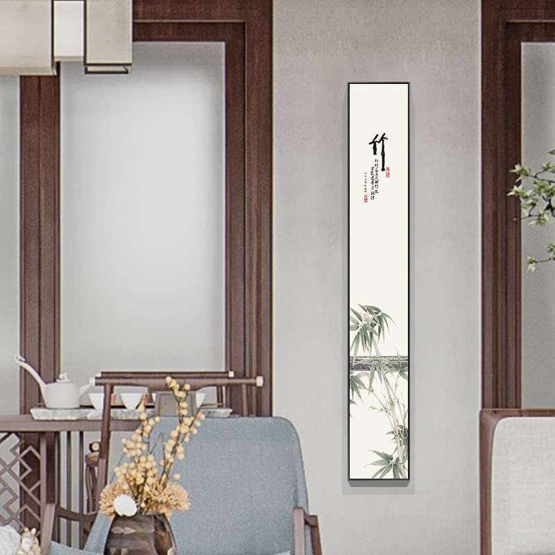 新中式玄关装饰画长条好竖版窄花鸟挂画壁画禅意寓意茶室客厅定做