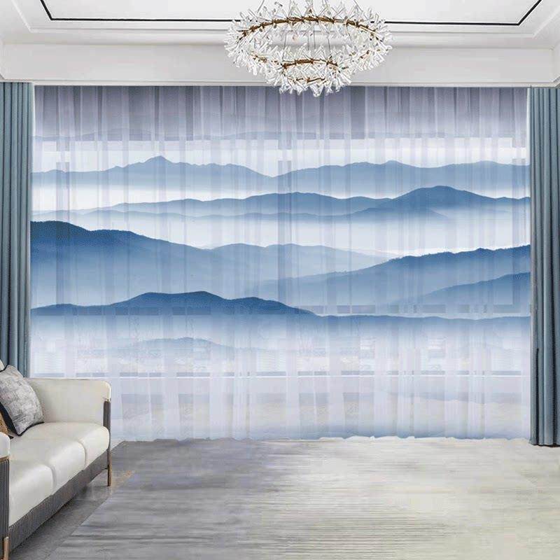 新中国风山水画中国风茶室窗帘窗纱新客厅隔断纱帘
