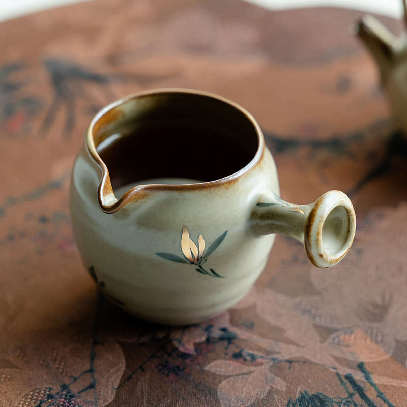 仿古描金纯手绘蝴蝶兰花侧把清影公道杯陶瓷分茶器茶海零配件