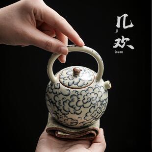 汝窑青花祥云提梁壶景德镇复古提梁壶汝瓷古朴家用泡茶壶茶具